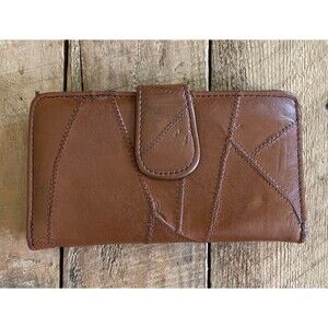 Vtg Ambassador Design Brown Patchwork Leather Checkbook Wallet Western Boho Chic